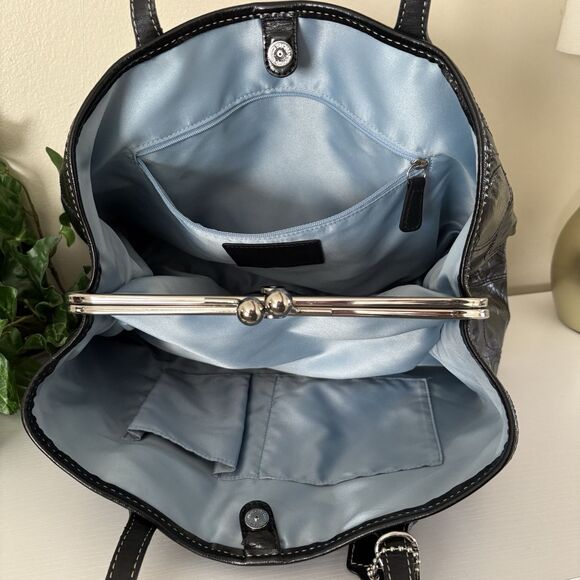 Coach F15658 Black Stitch Signature Leather Framed Carryall KissLock Tote Bag - Picture 5 of 13